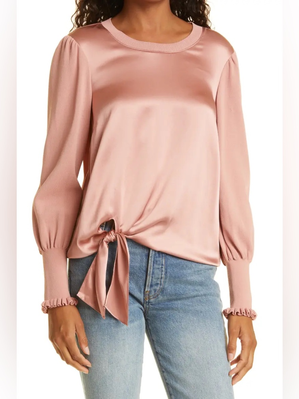 Cinq à Sept Kerlina Mixed Media Tie Hem Silk Top in Bare Rose Size Small